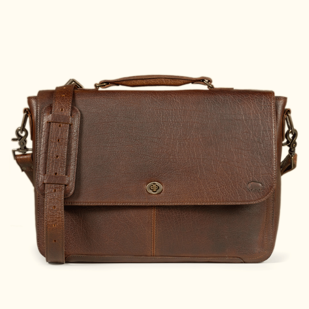 Roosevelt Leather Laptop Messenger Bag in Buffalo Grain — full-grain water buffalo leather with antique brass turn-lock clasp and adjustable shoulder strap